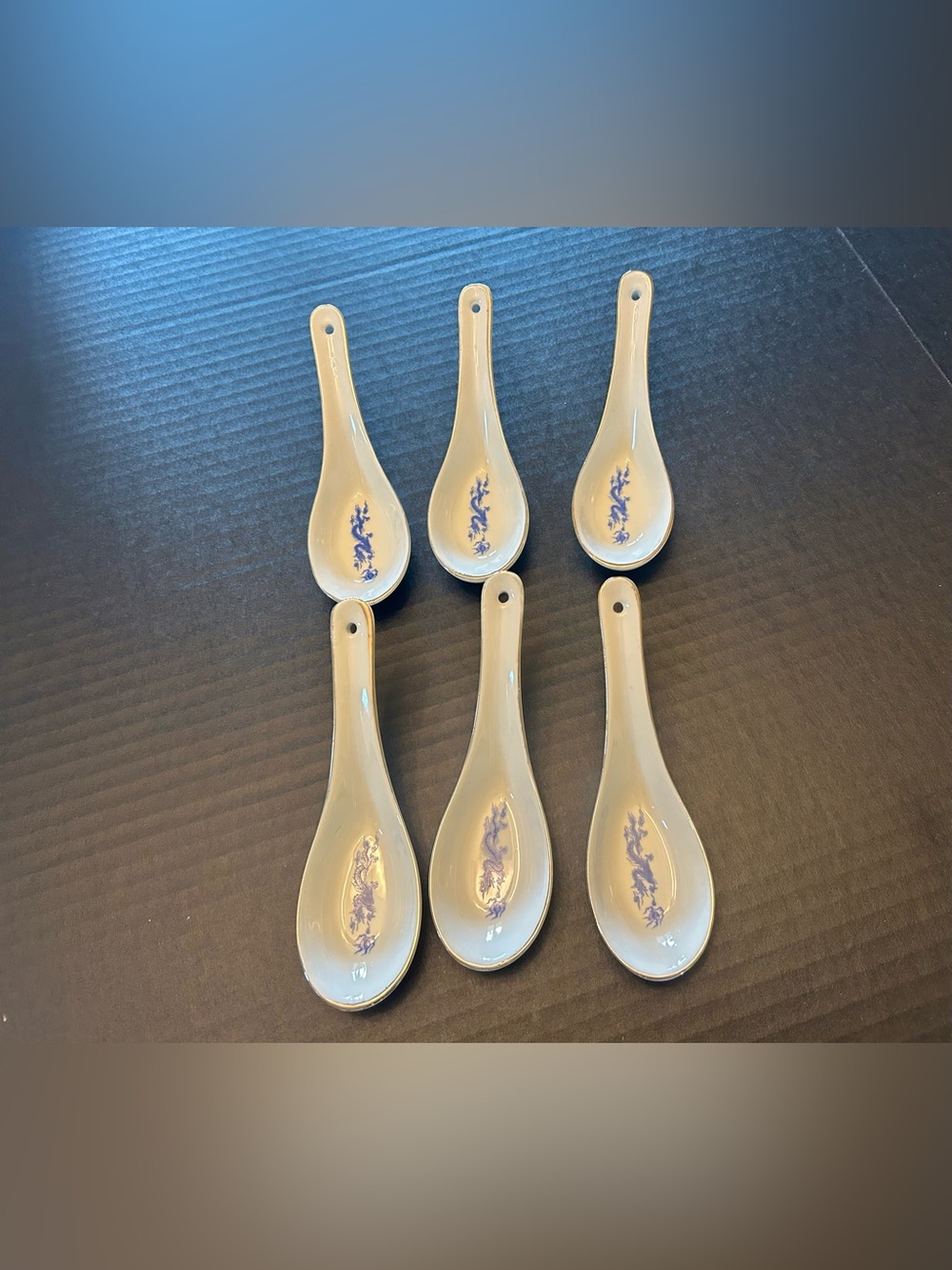 Vintage Chinese Glass Soup Spoons Painted BLUE DRAGON DESIGN Taiwan LOT OF 6 ROC